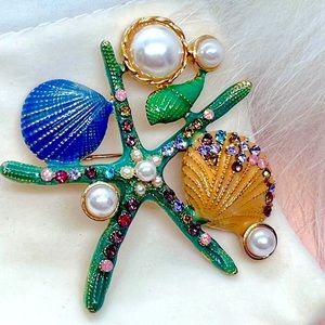 Enamel Starfish Sea Star Brooch Rhinestone Pearl Shells Shell